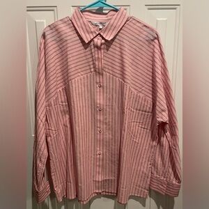 Foxcroft Natalie Pink Whisper Long Sleeve Glitzy Stripe Blouse Size 14.